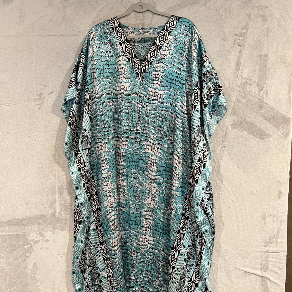 Winlar Womens Caftan Dress Blue White Black Geometric One Size Cover Up - Picture 1 of 5